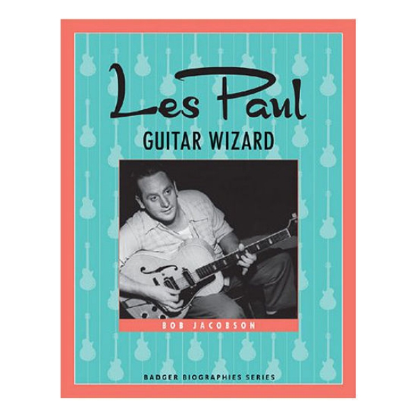 Les Paul book cover featuring image of Les holding guitar surrounded by blue with orange border