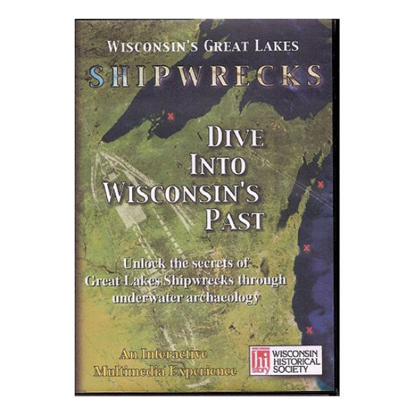 Dive Into Wisconsin's Past Book Cover featuring a bird's eye view of the eastern side of Wisconsin next to Lake Michigan. 