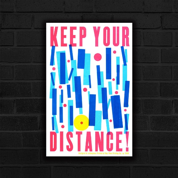 Ashley Town's Keep Your Distance Poster, depicting bright blue and pink blocks that are inentionally spaced and the words Keep Your Distance