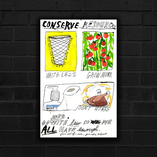 Conserving Resources Poster by Colin Matthes, Stark decisive black and white lines with pops of color to highlight important resources, like tomatoes, create the dramatic affect of this poster.