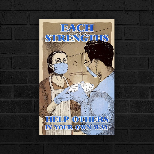 To Each Their Strengths by Jolyn Sandford Poster, featuring an Asian woman handing food to a dark haired person, lots of blues, reminiscent of WWII Nursing Posters