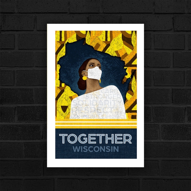 A navy Wisconsin surrounded by yellow and brown geometric shapes with a black woman looking off into the distance wearing a mask. Together Wisconsin by Becca Bryant