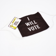 Black cloth mask with white ties. The mask text is white and reads "I will vote"