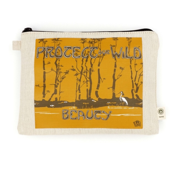 A tan colored hemp pouch with a large illustrated image of a white crane walking through a brown forest with an orange-brown background. In a vintage looking bubble font the text reads "Protect our Wild Beauty".