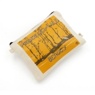 A tan colored hemp pouch with a large illustrated image of a white crane walking through a brown forest with an orange-brown background. In a vintage looking bubble font the text reads "Protect our Wild Beauty".