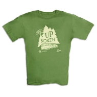 Front side of crewcut green t-shirt. Design in lighter green color of evergreen trees and an RV with the words "Up North", "Wisconsin's Vacation Destination". Underneath the design is a small Wisconsin Historical Society logo