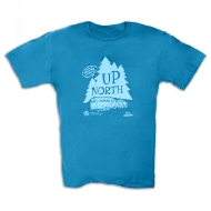 Front side of crewcut blue t-shirt. Design in lighter blue color of evergreen trees and an RV with the words "Up North", "Wisconsin's Vacation Destination". Underneath the design is a small Wisconsin Historical Society logo