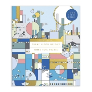 Frank Lloyd Wright City by the Sea Puzzle with geometric design of various shades of blue and gold.