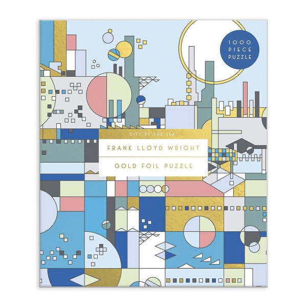 Frank Lloyd Wright City by the Sea Puzzle with geometric design of various shades of blue and gold.