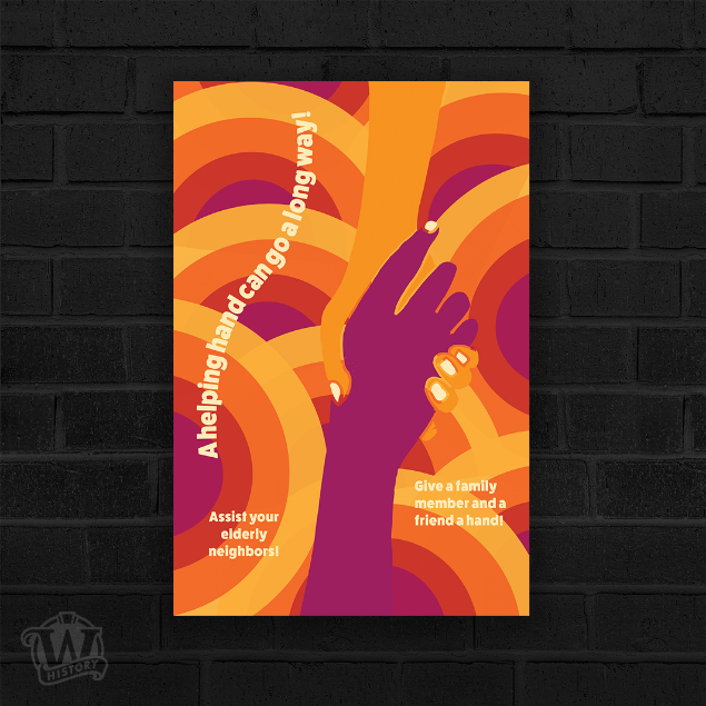 Illustration showing two hands clasped, one purple, one orange. The background is overlapping concentric circles in orange and purple tones. Textual component says "A helping hand can go a long way."