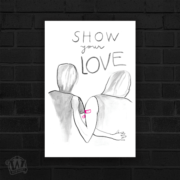 Show Your Love- Black and grey human silhouettes embracing arms together. Pink bandaids on each other's arms. 