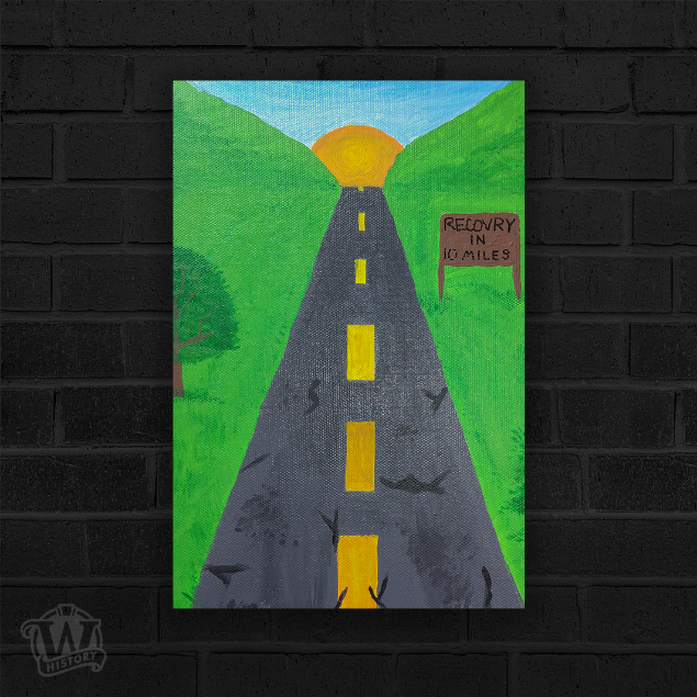 Black paved road heading straight toward sun over the horizon. Greenery to either side of road. Road sign reads "Recovery in 10 miles".