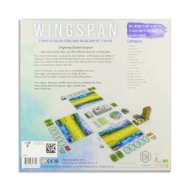 Wingspan game box, back of box.  Game cards and pieces and description of game "A competitive bird-collection, engine-building game for 1-5 players."