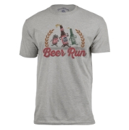 Gray T-shirt with caricatured beer bottles with arms and legs. Text under illustration reads "Beer Run."