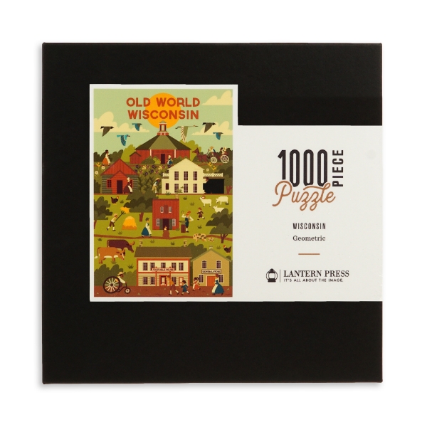 Puzzle box with illustration of farm scene with geometric field patterns, barn, and farm house.