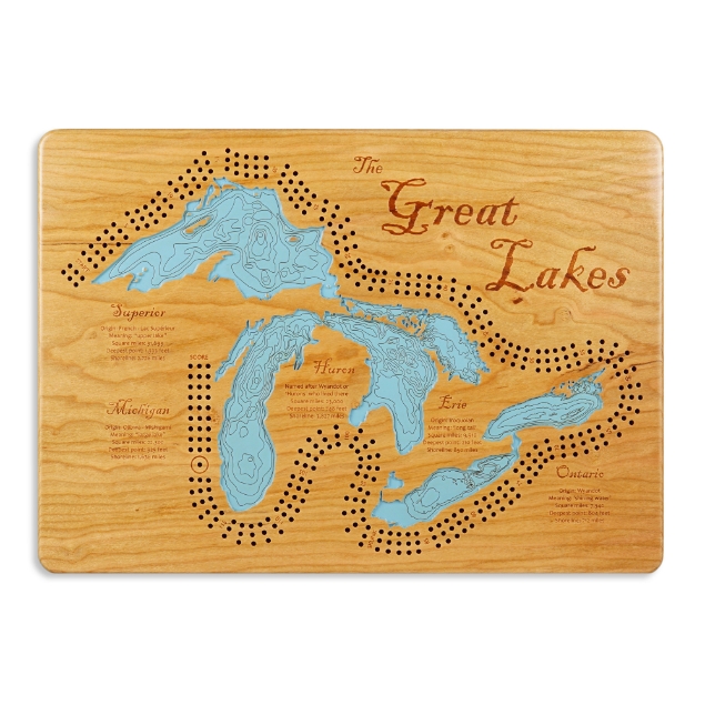 Natural wood Great Lakes Cribbage Board with light blue great lakes labeled with their names as well as information for each. Cribbage holes line around lakes.