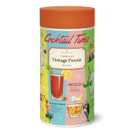 Canister holding puzzle of Cocktail Time puzzle featuring classic cocktail illustrations with vibrant pastel colors. 