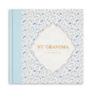 My Grandma journal cover with gold lettering and dark blue flower pattern. Hardcover spine is light blue.