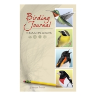 Birding Journal cover with four pictures of different birds and a pencil.