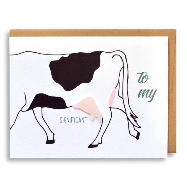 Greeting card with illustration of cow torso and pink udder.