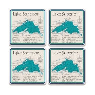 Four square ceramic coasters with detailed topographic map illustration of Lake Superior.