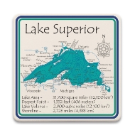 One square ceramic coaster with detailed topographic map illustration of Lake Superior.