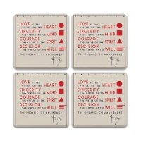 Set of 4 square Frank Lloyd Wright Organic Commandment coasters that describe love in terms of sincerity, courage, and virtue of the will.