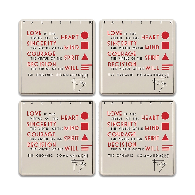 Set of 4 square Frank Lloyd Wright Organic Commandment coasters that describe love in terms of sincerity, courage, and virtue of the will.