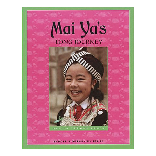Mai Ya's Long Journey book cover featuring image of Mai surrounded by pink with green border