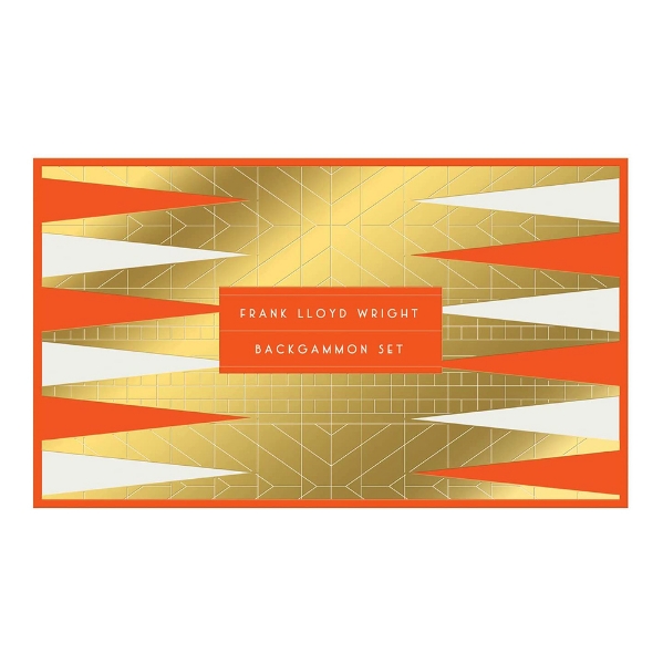 Box top of Frank Lloyd Wright Backgammon set. Orange, white, and gold foil design.