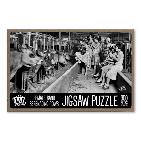 The box top of the Serenading the Cows puzzle with a black and white photo from 1930 showing a line of cows eating in a barn while a band of horn players "serenades" them.