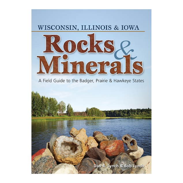 Rocks & Minerals book cover featuring a lake with fascinating rocks stacked in the front. Green trees behind the lake with a light blue sky. 