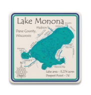 One square ceramic or smooth, tan, stone coaster with blue illustration of Lake Monona.