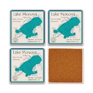 Set of four ceramic or smooth stone coasters with blue illustration of Lake Monona. One is overturned to show cork backing.