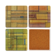 Set of four square coasters with Frank Lloyd Wright's "Hillside Rug" design in muted shades of reds, oranges, blue, and green. One is overturned to show cork backing.