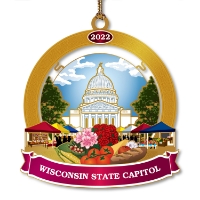 Tree ornament with image of the Wisconsin capitol dome in the background. In the foreground are colorful farmer's market images like vendor tents, produce, and flowers.