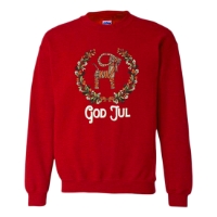 Red sweatshirt with multi-color screen print of Scandinavian Yule goat illustration. The words "God Jul" in bold white are positioned under the goat.