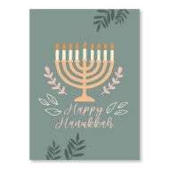 Happy Hanukkah Menora Card front with greenish gray background and illustration of tan menorah with lit candles. 