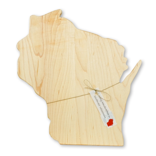 Blonde maple cheese board in the shape of the state of Wisconsin. A tag is tied to the board says "made in Wisconsin."