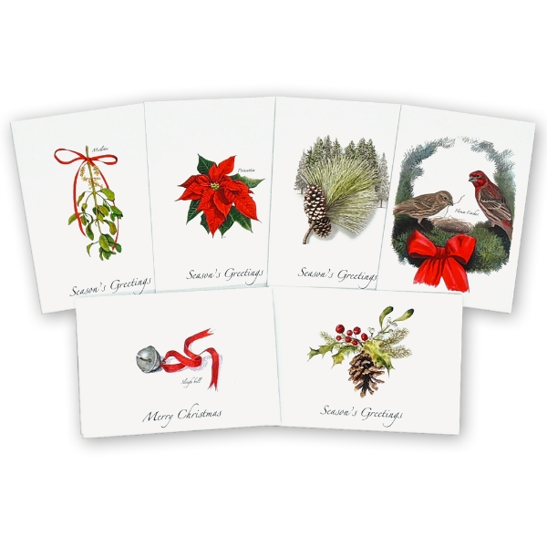 Group of 6 greeting cards with holiday theme images, including a sleighbell, a wreath with red bow, mistletoe, and holly.