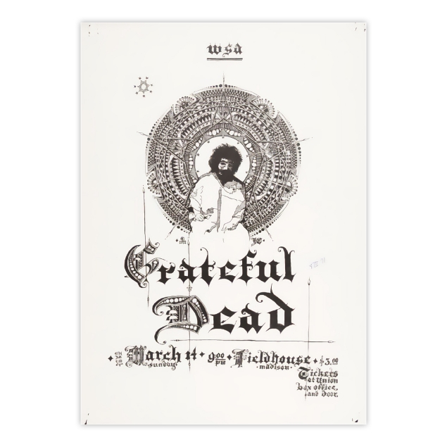 Poster for a "Grateful Dead" concert held on March 14, 1971, at the Camp Randall Field House, Madison, Wisconsin. Features Jerry Garcia with a mandala design around him and text with event details.