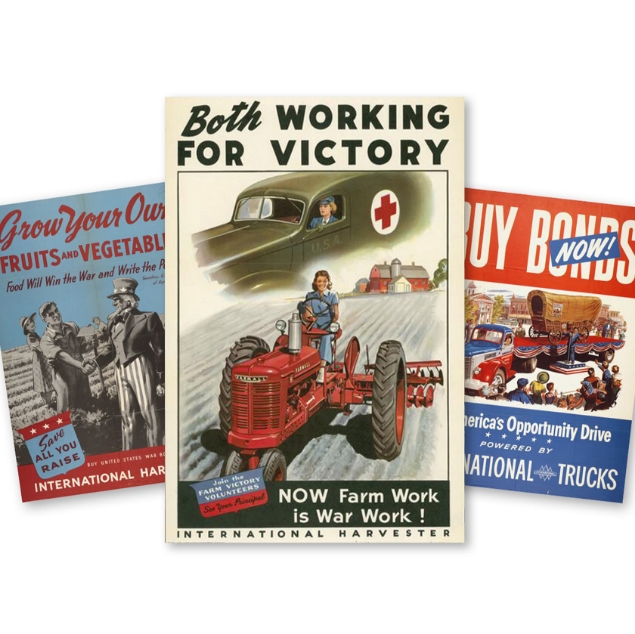 Three posters from WWII promoting victory gardens, International Harvester trucks, and buying bonds.