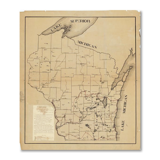1916 map of Wisconsin showing Indian mounds. The paper is yellowed and edges torn.
