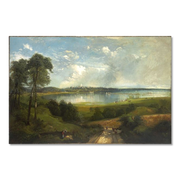 Oil Painting with greenery in the foreground, Lake Monona (Wisconsin) in the mid-ground, and the state capitol building on the horizon. Cloudy sky. 