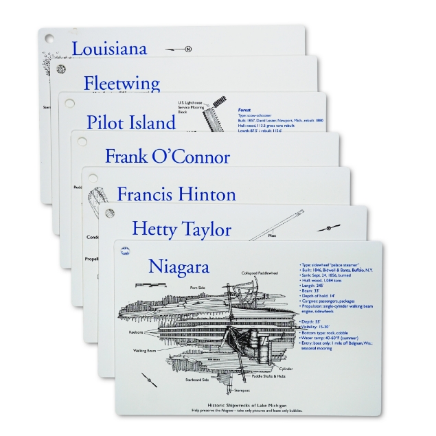 Lake Michigan Shipwrecks set 1 featuring cards for 7 ships which include graphics and info for each. 7 cards aligned together with hole punched in corner. 