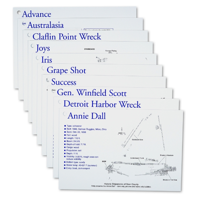 Lake Michigan Shipwrecks set 1 featuring cards for 10 ships which include graphics and info for each. 10 cards aligned together with hole punched in corner.