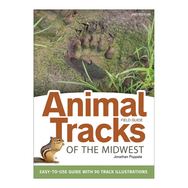 Book cover of "Animal Tracks of the Midwest" with photo of paw print in mud and title in large brown font. 