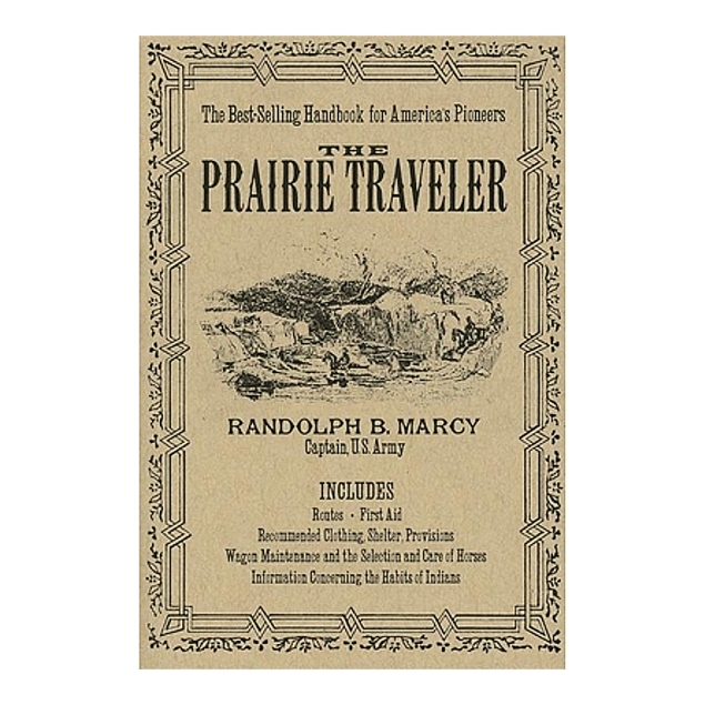 Brown paperback front cover of "The Prairie Traveler" with vintage looking black font and black and white geometric border design.  