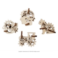 Four mini U-Fidget models by UGears, each made of laser cut wood parts for the user to assemble.  