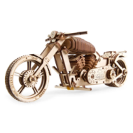 Side view of small wooden motorcycle model kit by UGears; assembled.